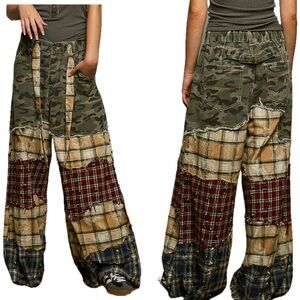 POL Camouflage and Plaid Wide-Leg Pants